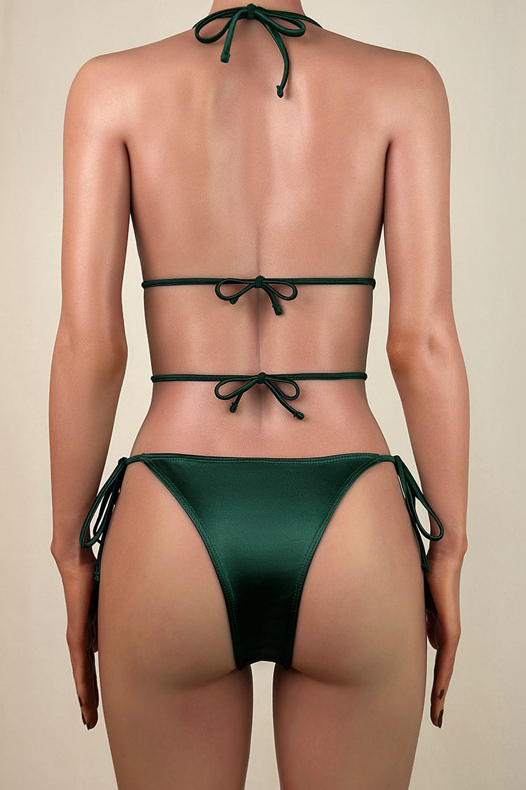 Shiny Gem Detail Tie String Brazilian Cheeky Halter Slide Triangle Bikini Set