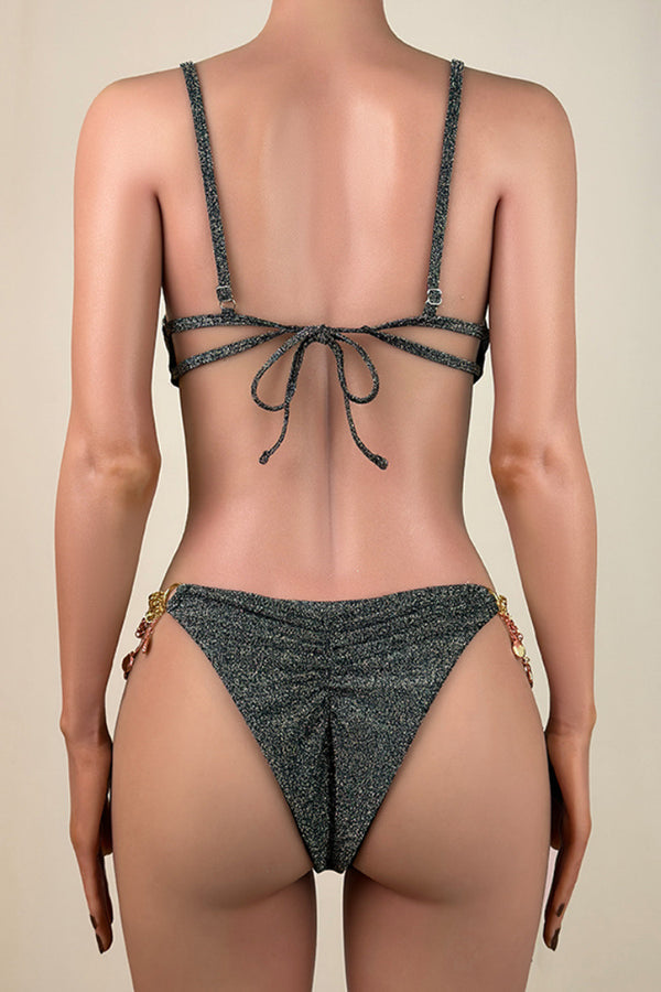 Shiny Lurex Gold Toned Shell Hardware Brazilian Cheeky Scrunch Triangle Bikini Set