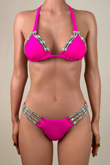 Sparkly Crystal Chain Low Rise Brazilian Cheeky Scrunch Slide Triangle Bikini Set