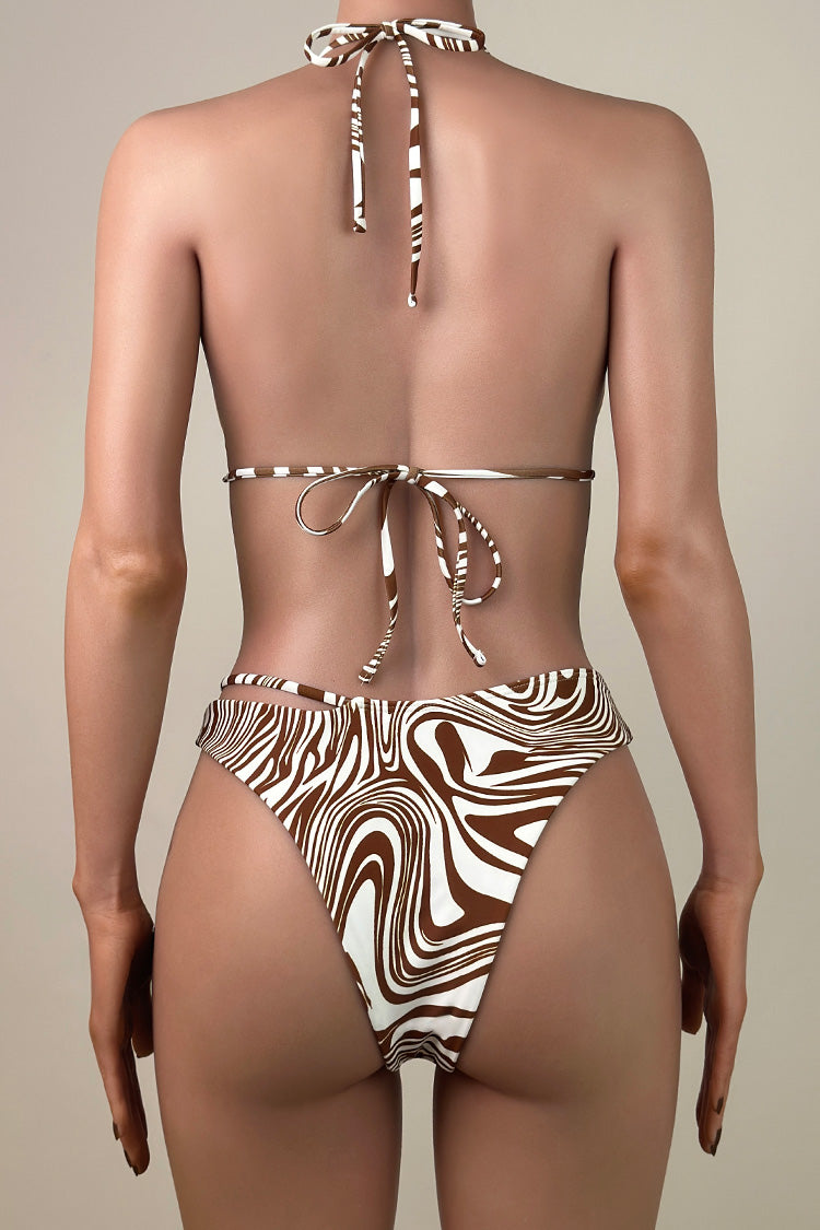 Swirling Printed Cutout High Leg Brazilian Cheeky Tie String Triangle Bikini Set