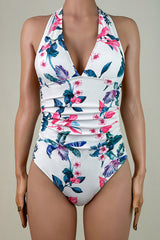 Tropical Floral Open Back Ruched Brazilian Cheeky Deep V Halter One Piece Swimsuit