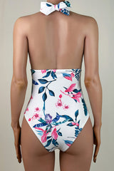 Tropical Floral Open Back Ruched Brazilian Cheeky Deep V Halter One Piece Swimsuit