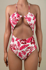 Tropical Leaf Print Brazilian Cheeky Cutout Ruched Halter One Piece Swimsuit
