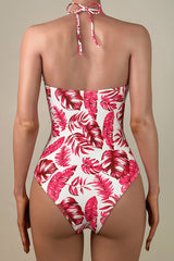 Tropical Leaf Print Brazilian Cheeky Cutout Ruched Halter One Piece Swimsuit