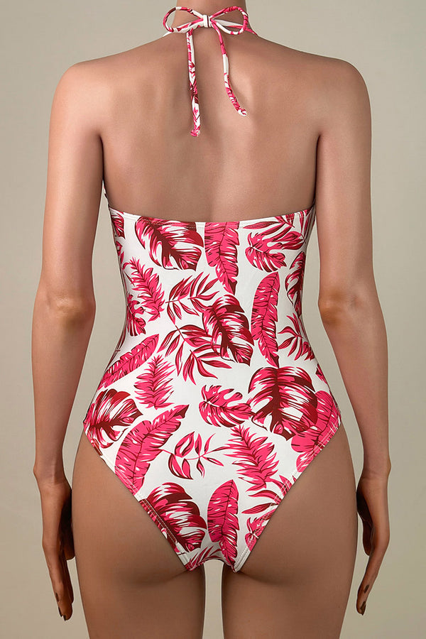 Tropical Leaf Print Brazilian Cheeky Cutout Ruched Halter One Piece Swimsuit