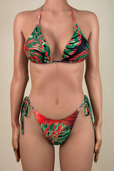 Tropical Leaf Ruched Tie String Brazilian Cheeky Halter Slide Triangle Bikini Set