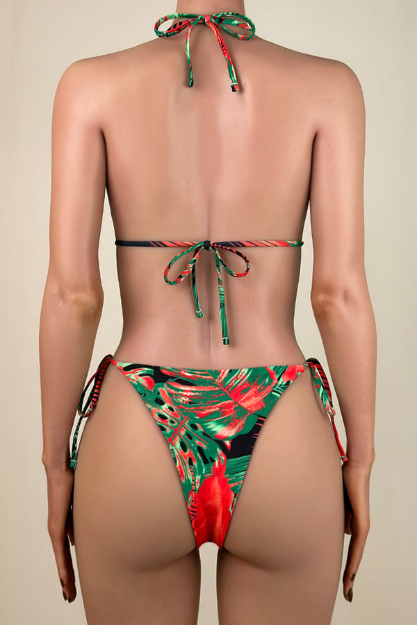 Tropical Leaf Ruched Tie String Brazilian Cheeky Halter Slide Triangle Bikini Set