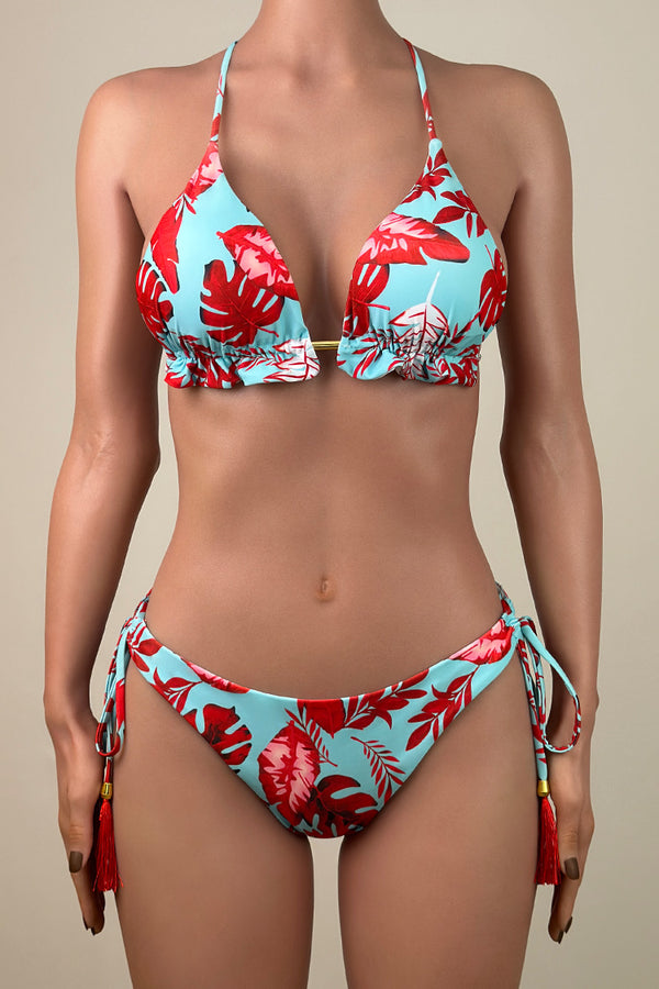 Tropical Leaf Tie String Brazilian Cheeky Ruffle Halter Slide Triangle Bikini Set