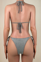 Unique Lurex Scrunch Detail Tie String Brazilian Cheeky Halter Triangle Bikini Set