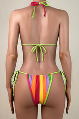 Vibrant Rainbow Striped Tie String Brazilian Cheeky Halter Slide Triangle Bikini Set